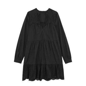 2023 Женское модное повседневное черное мини-платье-рубашка с V-образным вырезом и открытой вышивкой, французская винтажная офисная женская майка с рюшами