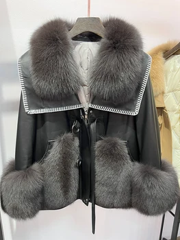 2023 Новая осенне-зимняя шуба из натурального меха, женская куртка из натурального лисьего меха, натуральная кожа, куртка на гусином пуху, толстые теплые женские пальто