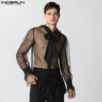 INCERUN Мужская рубашка из лоскутной сетки, прозрачный Сексуальный лацкан, мужская одежда с длинным рукавом, уличная одежда 2023, Модные рубашки унисекс на шнуровке