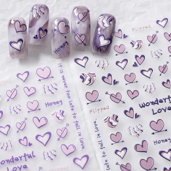 Love Taro Фиолетовый 5D Рельефный рельеф с тиснением, Самоклеящаяся наклейка для украшения ногтей, сигнал сердцебиения, Милая 3D Наклейка для маникюра, макияж своими руками