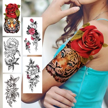 Акварель, Красная 3D Роза, временные татуировки Тигра для женщин, девочек, наклейка с татуировкой в виде искусственной Птицы, Змеи, Цветка, тату в стиле боди-арт, треники
