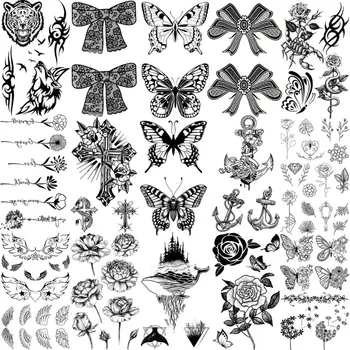 Временные татуировки в виде черной бабочки и цветка Розы Для женщин, взрослых мужчин, Скрещенные крылья, Якорь, Китовый лук, поддельная татуировка, татуировки, которые можно стирать вручную