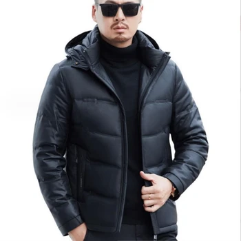 Зимнее новое мужское пуховое пальто из натуральной кожи на овчине, повседневное съемное теплое утолщенное пальто с капюшоном