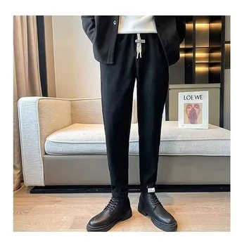 Зимние плотные костюмные брюки Мужские повседневные прямые из драпа, Корейская классическая мода, деловая шерстяная ткань, коричневые Черные официальные брюки Мужские