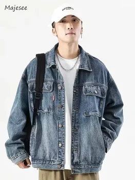 Куртки Мужские Модные Молодежные В корейском стиле, накладные карманы на пуговицах, осенняя джинсовая верхняя одежда в стиле ретро, популярная среди подростков