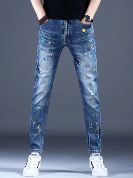 Летние Синие джинсы с принтом в виде рваных точек, мужские повседневные облегающие брюки-карандаш, уличная одежда, Легкие джинсовые брюки