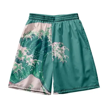Летняя мода Harajuku, пляжные шорты с зеленым волнистым принтом, повседневные свободные толстовки, уличная одежда, мужские спортивные шорты с эластичным поясом, большие размеры