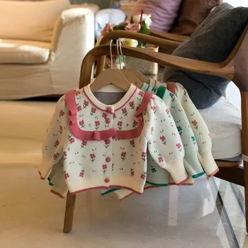 Модный свитер для девочек, новинка 2023 года, осенний детский хлопковый повседневный Милый Новый детский свитер, кардиган с цветочным узором для девочек, свитер