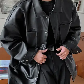 Мужская осенняя куртка из искусственной кожи с длинным рукавом большого размера, мужская повседневная уличная одежда, свободное пальто с отложным воротником 2023