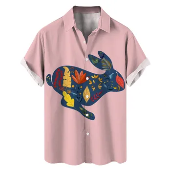 Мужская повседневная мужская рубашка с коротким рукавом и принтом пасхального кролика, весенне-геометрический принт, Camisa Social dress, дышащая рубашка