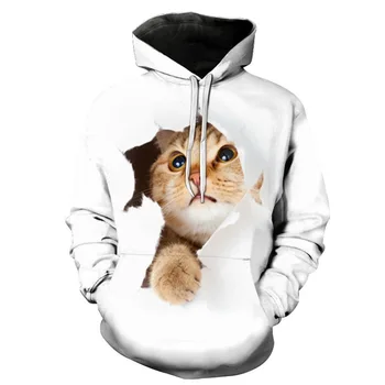Новая мужская и женская толстовка с капюшоном в стиле харадзюку с милым 3D котом, осенний уличный пуловер с животными для мальчиков и девочек, белый пуловер с животными