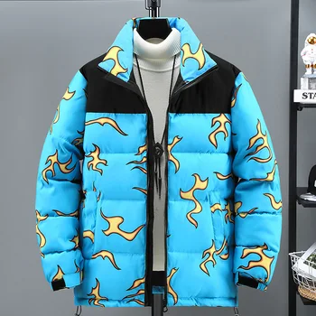Новые зимние мужские куртки, толстая теплая повседневная хлопковая верхняя одежда с подкладкой из хлопка, парка с длинным рукавом и принтом Пламени, пальто для пары