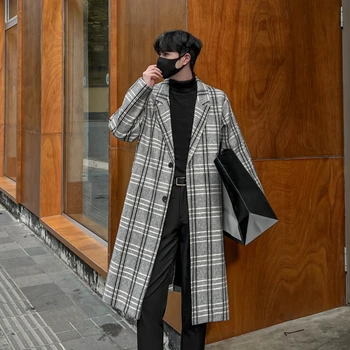 Одежда в корейском стиле, мужская высококачественная шерстяная ткань в клетку, Длинный тренч, мужская приталенная одежда, модное шерстяное пальто в клетку для отдыха.