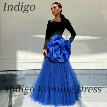 Платья для выпускного вечера из королевского тюля цвета индиго с квадратным вырезом длиной до пола, трапециевидное платье в цветочек для женщин, винтажное платье для официальной вечеринки 2024 года.