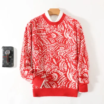 Рождественский красный жаккардовый шерстяной свитер с длинным рукавом для мужчин, вязаный джемпер, Утолщенные непромокаемые свитера, осенне-зимний пуловер