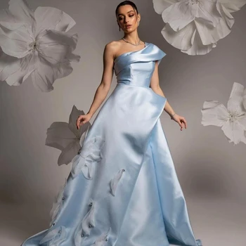 Синие Изысканные вечерние платья, Элегантные цветы с оборками на одно плечо, украшенные бисером, Трапециевидное платье для выпускного вечера, вечерние платья E10012