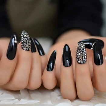 Шпильки ручной работы, накладные ногти, стразы, Роскошные ногти, Черный Удлиненный стилет, Блестящие Заклепки, Дизайн ногтей, Темные камни